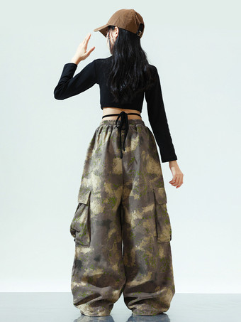 キッズジャズダンス衣装 2ピース 長袖トップスと迷彩パンツ ヒップホップスーツ