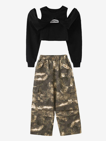 キッズジャズダンス衣装 2ピース 長袖トップスと迷彩パンツ ヒップホップスーツ