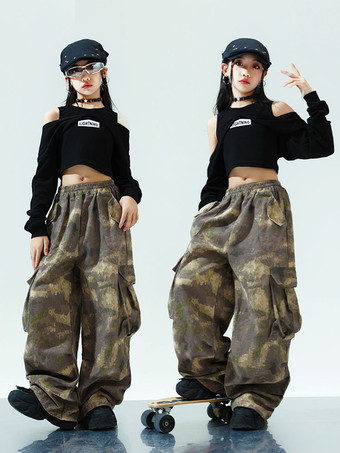 キッズジャズダンス衣装 2ピース 長袖トップスと迷彩パンツ ヒップホップスーツ