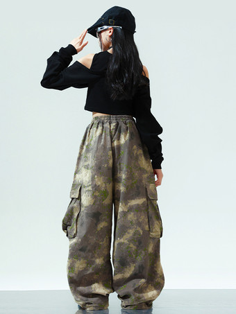 キッズジャズダンス衣装 2ピース 長袖トップスと迷彩パンツ ヒップホップスーツ