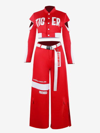 女性用ジャズダンス衣装 赤白トップパンツセット ヒップホップコスチューム