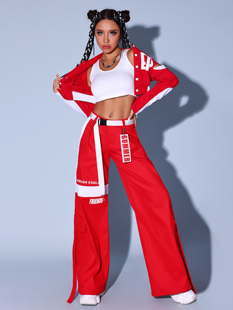 女性用ジャズダンス衣装 赤白トップパンツセット ヒップホップコスチューム