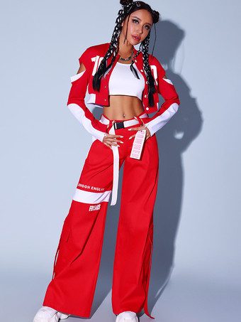 女性用ジャズダンス衣装 赤白トップパンツセット ヒップホップコスチューム