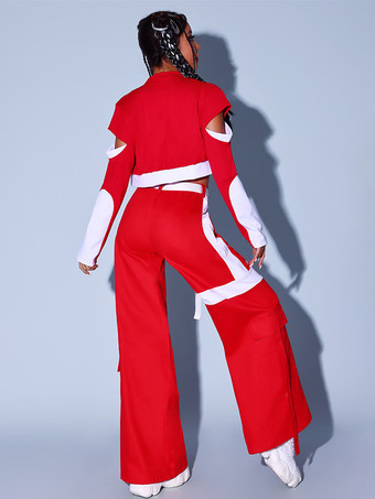 女性用ジャズダンス衣装 赤白トップパンツセット ヒップホップコスチューム