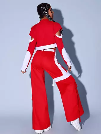 Women Jazz Dance Clothes Red White Top Pants Set Hip Hop Costumes