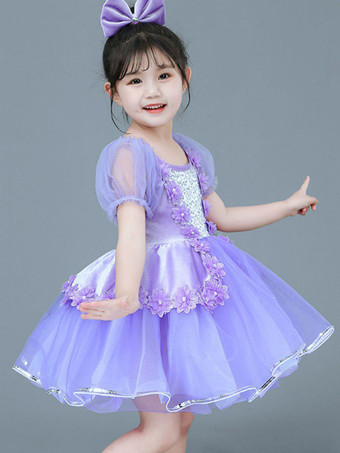 パープル 女の子用バレエダンス ランタンスリーブ メッシュ キッズ プリンセス パーティーコスチューム