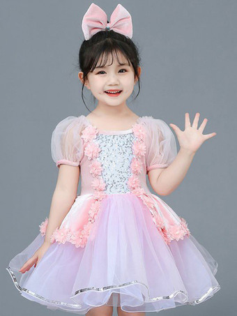 ピンク女の子用バレエダンス ランタンスリーブ メッシュ キッズ プリンセス パーティーコスチューム