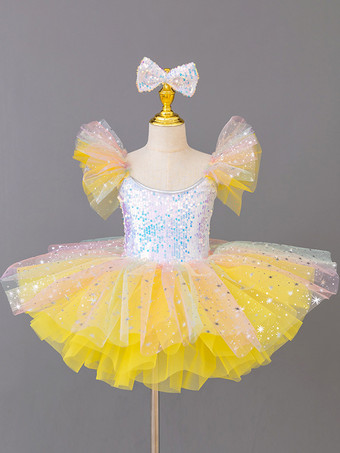イエロー女の子用バレリーナプリンセスパーティーコスチュームキッズスパンコールフラワードレス