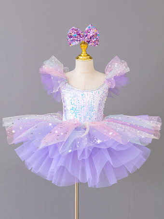 パープル 女の子用バレリーナプリンセスパーティーコスチュームキッズスパンコールフラワードレス
