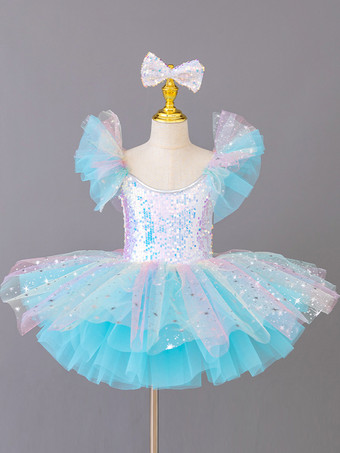 ライトスカイブルー女の子用バレリーナプリンセスパーティーコスチュームキッズスパンコールフラワードレス