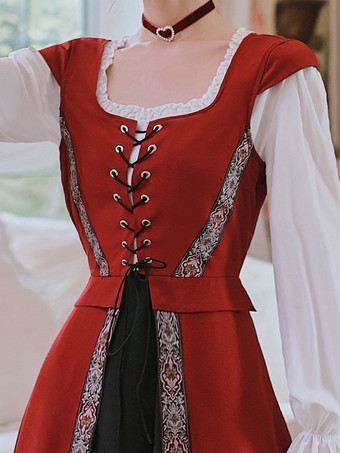 レディース 中世レトロ宮廷衣装 レースアップ ガードル ロングドレス バーガンディ