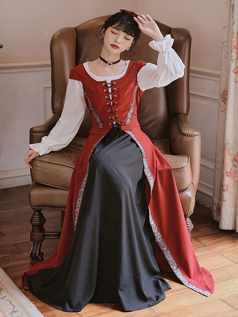 レディース 中世レトロ宮廷衣装 レースアップ ガードル ロングドレス バーガンディ