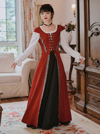 レディース 中世レトロ宮廷衣装 レースアップ ガードル ロングドレス バーガンディ