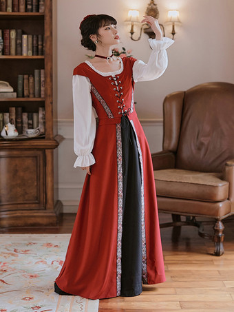 レディース 中世レトロ宮廷衣装 レースアップ ガードル ロングドレス バーガンディ