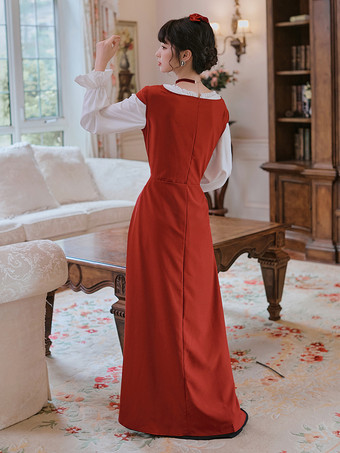 レディース 中世レトロ宮廷衣装 レースアップ ガードル ロングドレス バーガンディ