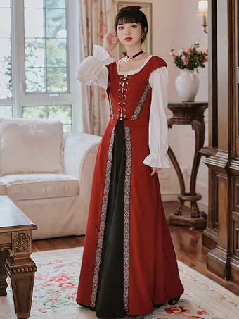 Womens Medieval Retro Court Costume Lace Up Girdle Long Dress Burgundy -  Milanoo.com