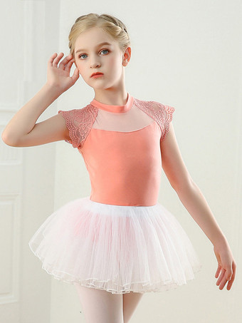 オレンジ女の子用バレエダンスドレス レース 半袖 レオタード 衣装 ダンスウェア