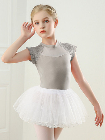 グレイ女の子用バレエダンスドレス レース 半袖 レオタード 衣装 ダンスウェア