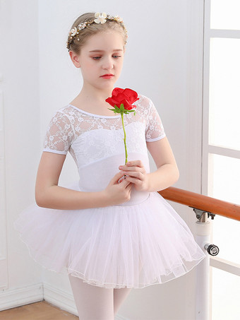 ホワイト 女の子用バレエダンスドレス レース 半袖 レオタード 衣装 ダンスウェア
