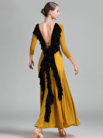 レディースダンスドレス バックレス ビッグスイング スタンダード 社交ダンスコスチューム バックフリルデザイン タンゴドレス ワルツダンスウェア