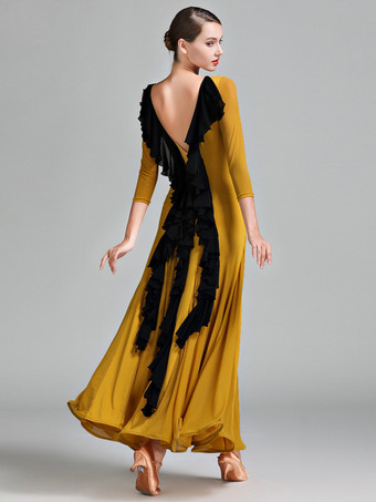 レディースダンスドレス バックレス ビッグスイング スタンダード 社交ダンスコスチューム バックフリルデザイン タンゴドレス ワルツダンスウェア