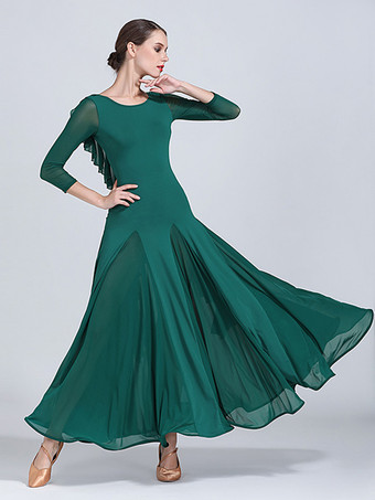 ダークグリーン女性用社交ダンスドレス ワルツ タンゴ 練習用ダンスドレス 伸縮性 フラメンコ