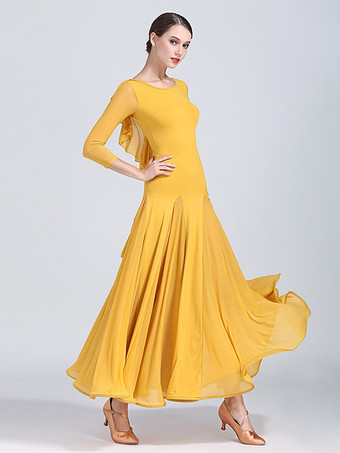 イエロー女性用社交ダンスドレス ワルツ タンゴ 練習用ダンスドレス 伸縮性 フラメンコ