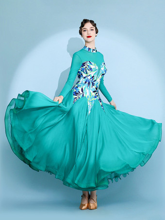 グリーン レディースダンスドレス プリント柄 スイングスカート ナショナルスタンダードダンスコスチューム 長袖 モダンワルツ タンゴドレス 競技用