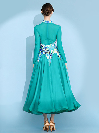 レディースダンスドレス プリント柄 スイングスカート ナショナルスタンダードダンスコスチューム 長袖 モダンワルツ タンゴドレス 競技用