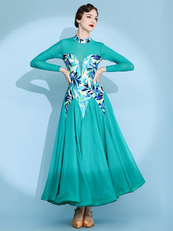 レディースダンスドレス プリント柄 スイングスカート ナショナルスタンダードダンスコスチューム 長袖 モダンワルツ タンゴドレス 競技用