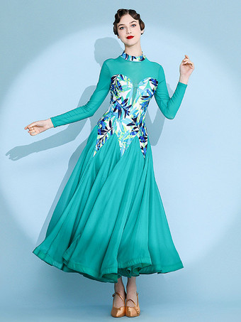 レディースダンスドレス プリント柄 スイングスカート ナショナルスタンダードダンスコスチューム 長袖 モダンワルツ タンゴドレス 競技用