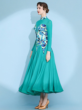 レディースダンスドレス プリント柄 スイングスカート ナショナルスタンダードダンスコスチューム 長袖 モダンワルツ タンゴドレス 競技用