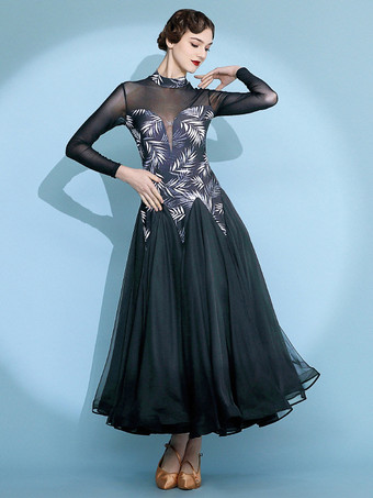 ブラック レディースダンスドレス プリント柄 スイングスカート ナショナルスタンダードダンスコスチューム 長袖 モダンワルツ タンゴドレス 競技用