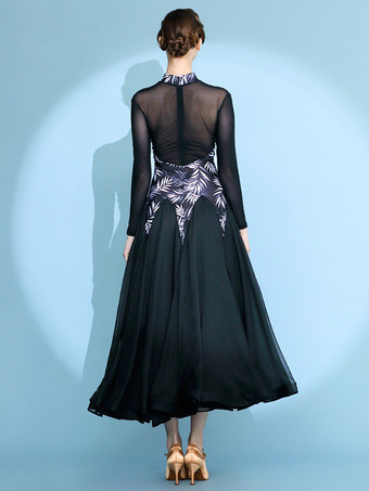 レディースダンスドレス プリント柄 スイングスカート ナショナルスタンダードダンスコスチューム 長袖 モダンワルツ タンゴドレス 競技用