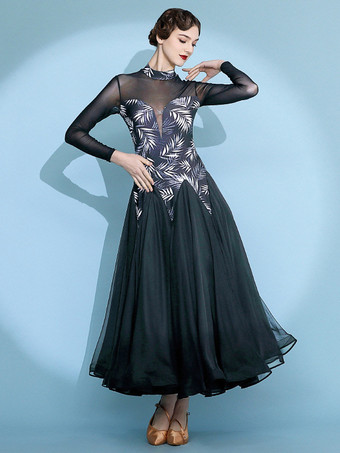 レディースダンスドレス プリント柄 スイングスカート ナショナルスタンダードダンスコスチューム 長袖 モダンワルツ タンゴドレス 競技用