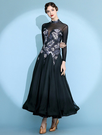レディースダンスドレス プリント柄 スイングスカート ナショナルスタンダードダンスコスチューム 長袖 モダンワルツ タンゴドレス 競技用