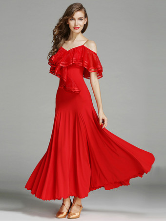 レッド レディースダンスドレス フリル ラージスイングスカート リリカル社交ダンスコスチューム スパゲッティストラップダンスウェア