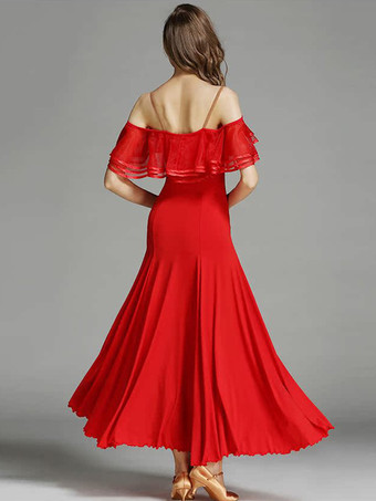 レディースダンスドレス フリル ラージスイングスカート リリカル社交ダンスコスチューム スパゲッティストラップダンスウェア