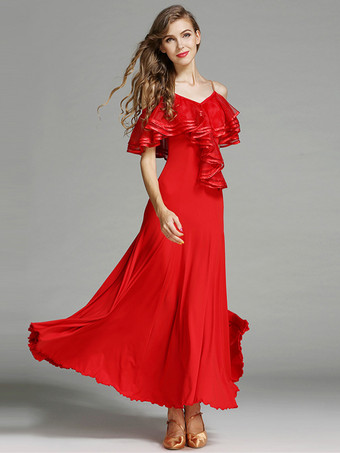 レディースダンスドレス フリル ラージスイングスカート リリカル社交ダンスコスチューム スパゲッティストラップダンスウェア