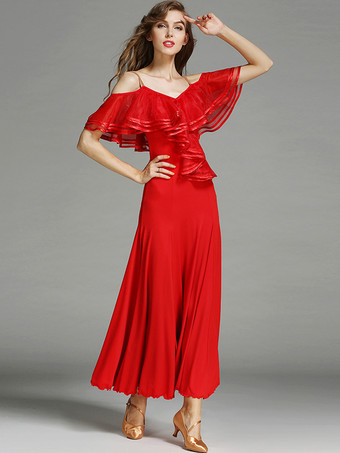 レディースダンスドレス フリル ラージスイングスカート リリカル社交ダンスコスチューム スパゲッティストラップダンスウェア