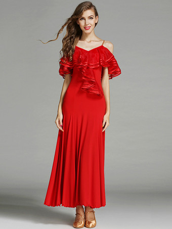 レディースダンスドレス フリル ラージスイングスカート リリカル社交ダンスコスチューム スパゲッティストラップダンスウェア