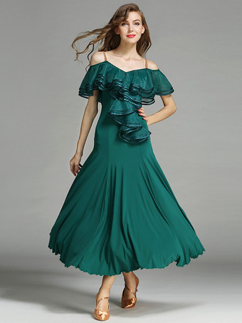 グリーン レディースダンスドレス フリル ラージスイングスカート リリカル社交ダンスコスチューム スパゲッティストラップダンスウェア