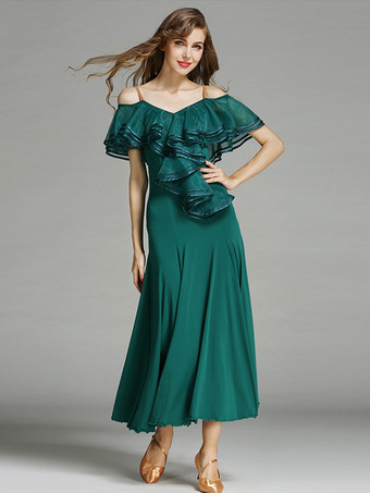 レディースダンスドレス フリル ラージスイングスカート リリカル社交ダンスコスチューム スパゲッティストラップダンスウェア