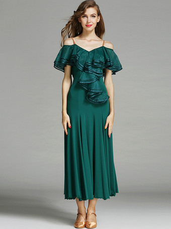 レディースダンスドレス フリル ラージスイングスカート リリカル社交ダンスコスチューム スパゲッティストラップダンスウェア