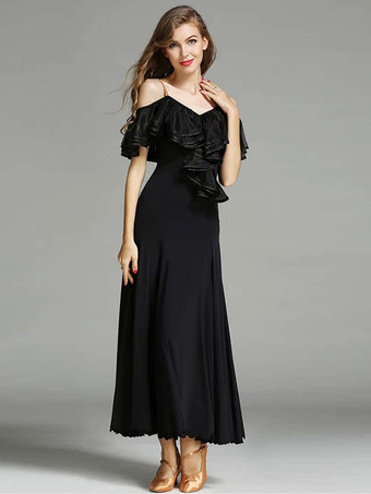 ブラック レディースダンスドレス フリル ラージスイングスカート リリカル社交ダンスコスチューム スパゲッティストラップダンスウェア