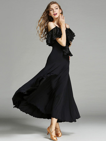 レディースダンスドレス フリル ラージスイングスカート リリカル社交ダンスコスチューム スパゲッティストラップダンスウェア