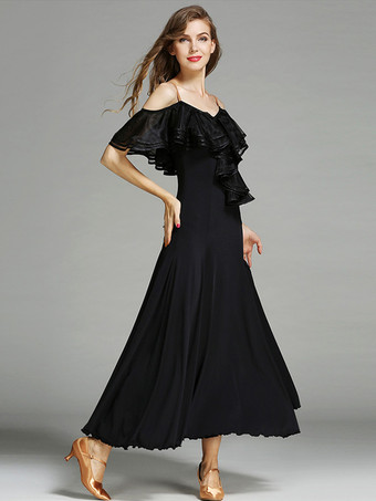 レディースダンスドレス フリル ラージスイングスカート リリカル社交ダンスコスチューム スパゲッティストラップダンスウェア