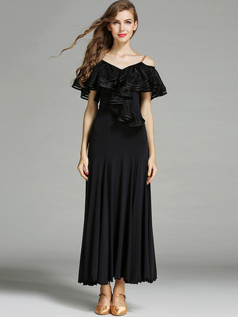 レディースダンスドレス フリル ラージスイングスカート リリカル社交ダンスコスチューム スパゲッティストラップダンスウェア