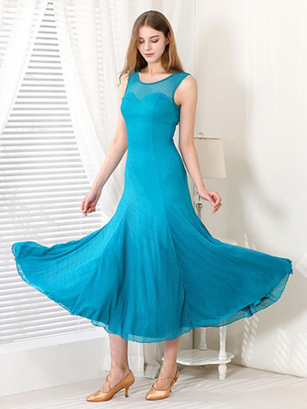 ライトスカイブルーレディースダンスドレス ラウンドカラー ノースリーブ メッシュ 社交ダンス衣装