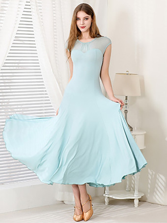 ライトスカイブルーレディースダンスドレス メッシュ ラウンドカラー 半袖 プリーツスカート 社交ダンス衣装